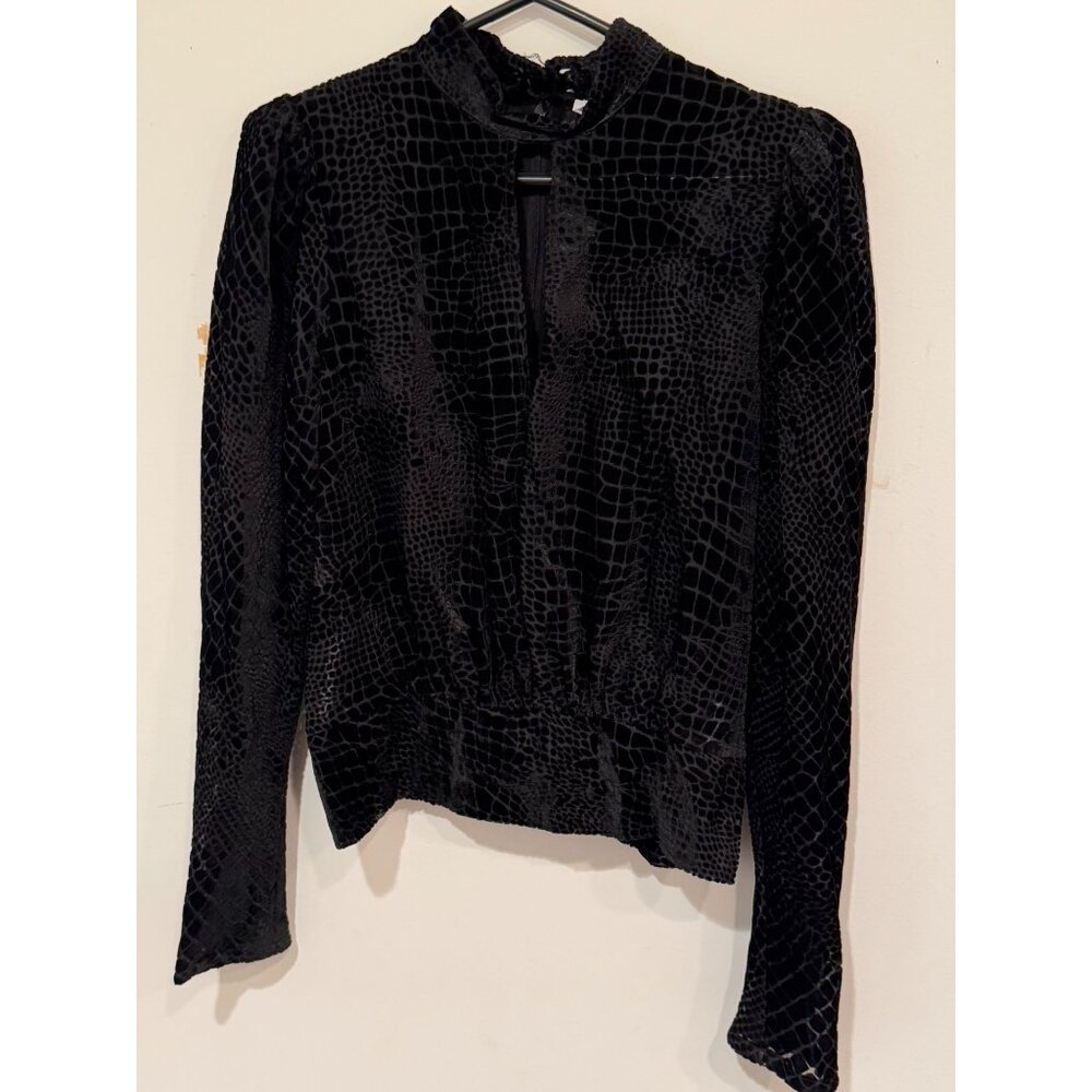 Frame Black Velvet Mock Neck Crocodile Pattern Blouse Size M